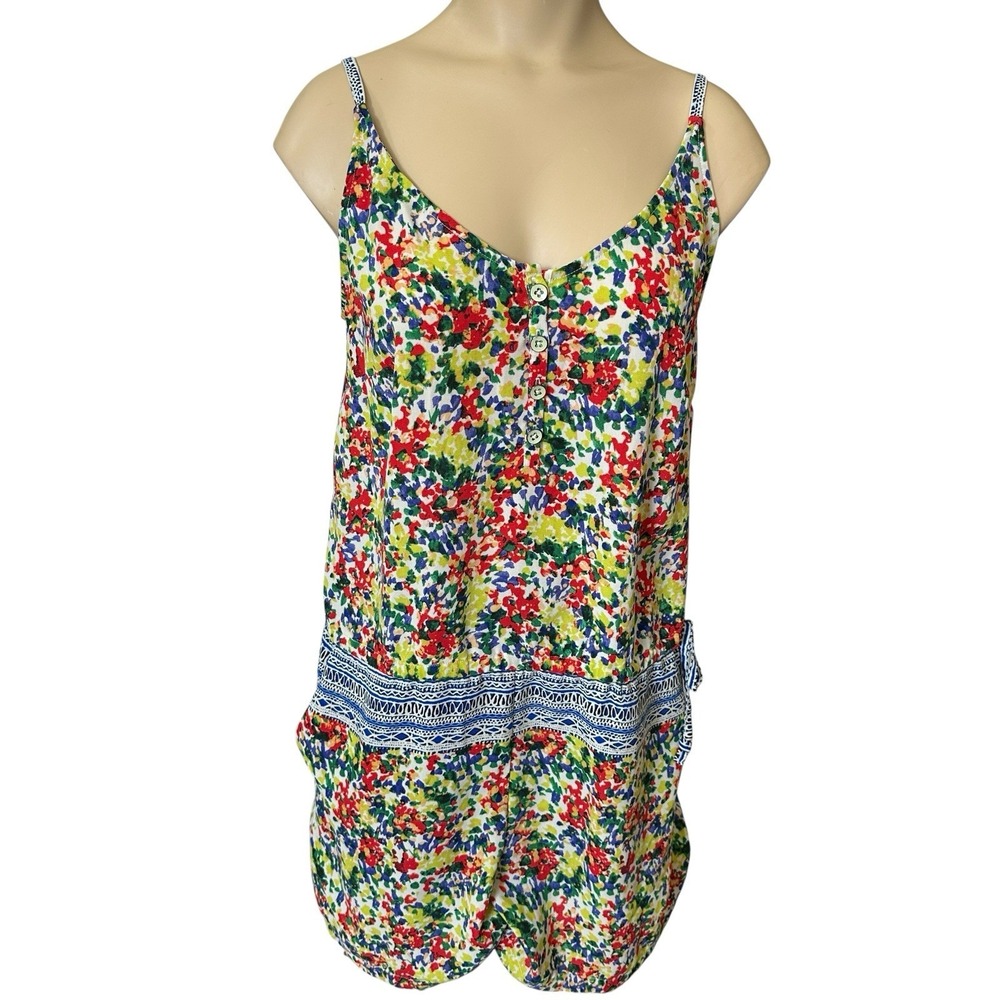 Cabi Fiesta Romper Women's Small Multicolor Floral Button Sleeveless Slouchy